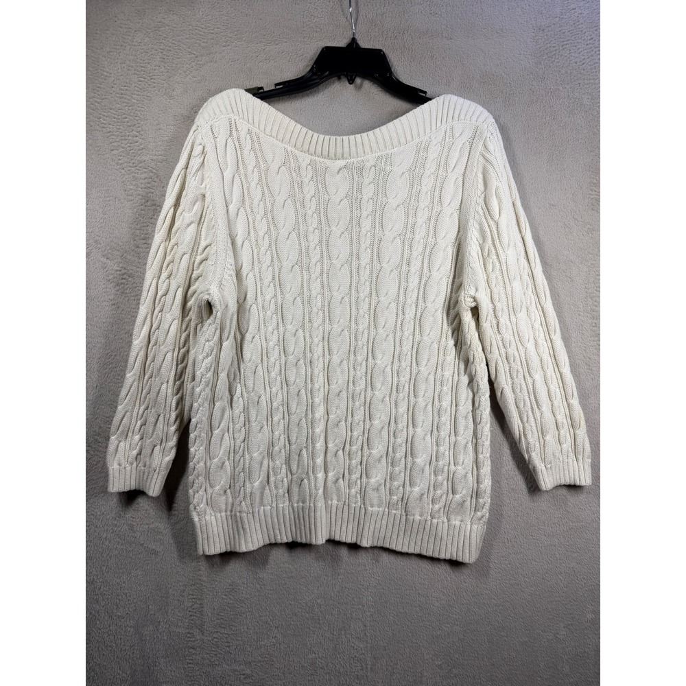 Lands End Sweater Women XL Cream White Cableknit Cotton Back Button Preppy Luxe